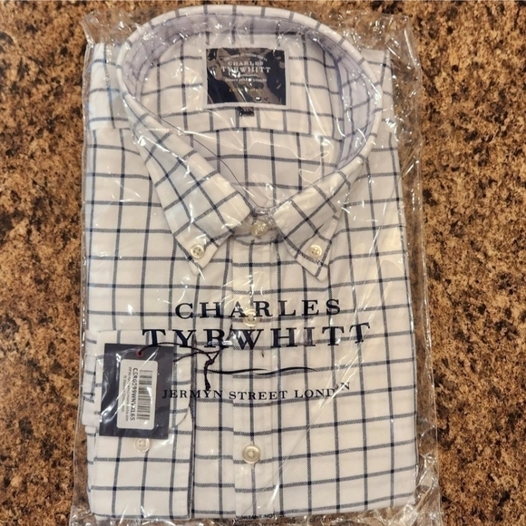 Charles Tyrwhitt Other - Charles Tyrwhitt White Navy Windowpane Extra Slim Fit Washed Oxford Shirt